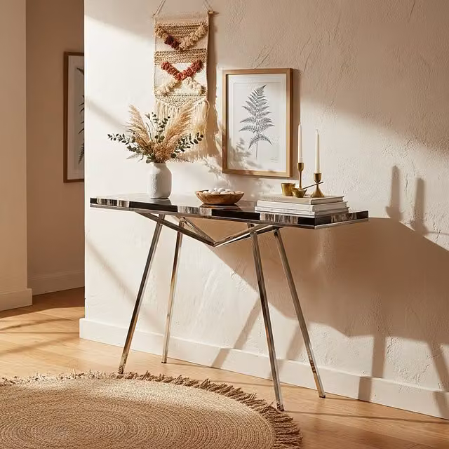 Orsina Black Resin and Silver Metal Modern Geometric Console Table