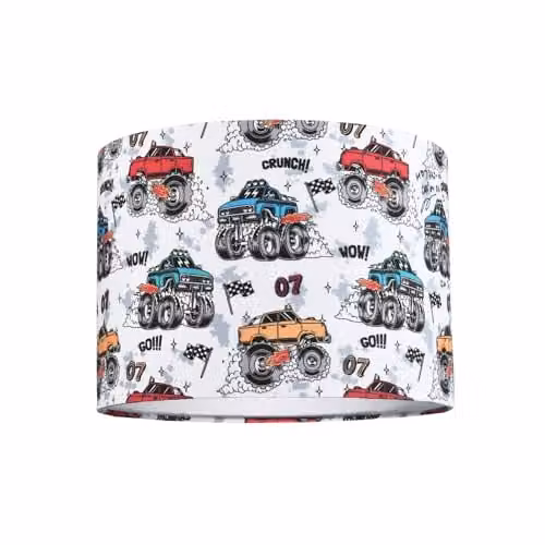 Happy Homewares Modern Multicolour Monster Trucks Childrens Fabric Round Drum Lamp Shade, Diameter: 25 cm