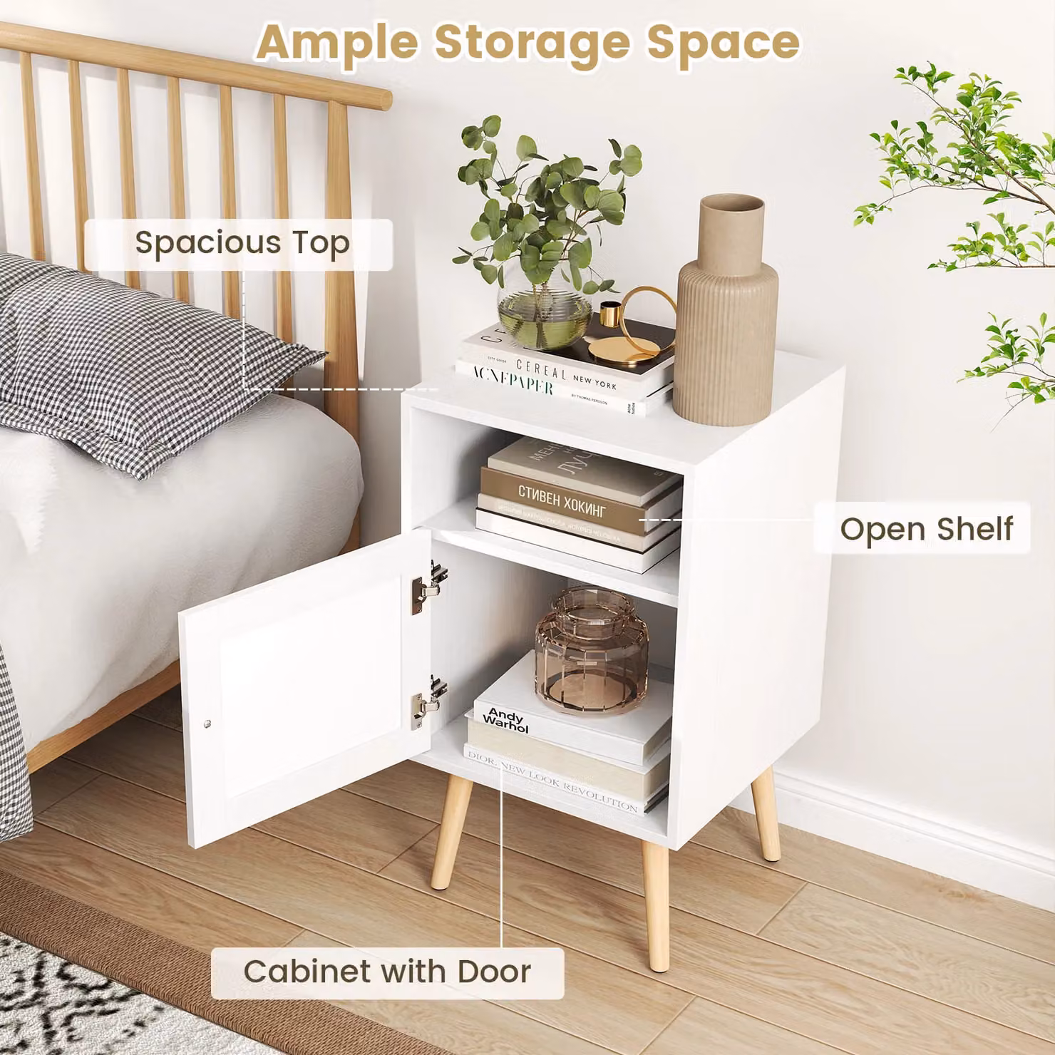 Costway White Rattan Nightstand with PE Rattan Decorated Door – 2