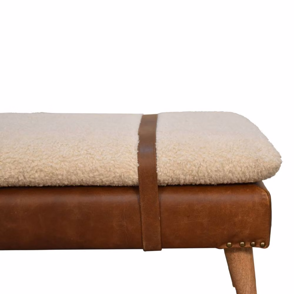 Wyld Haus Alghero Bouclé Bench with Buffalo Leather Strap and Oak Legs in Brown and Beige – 3