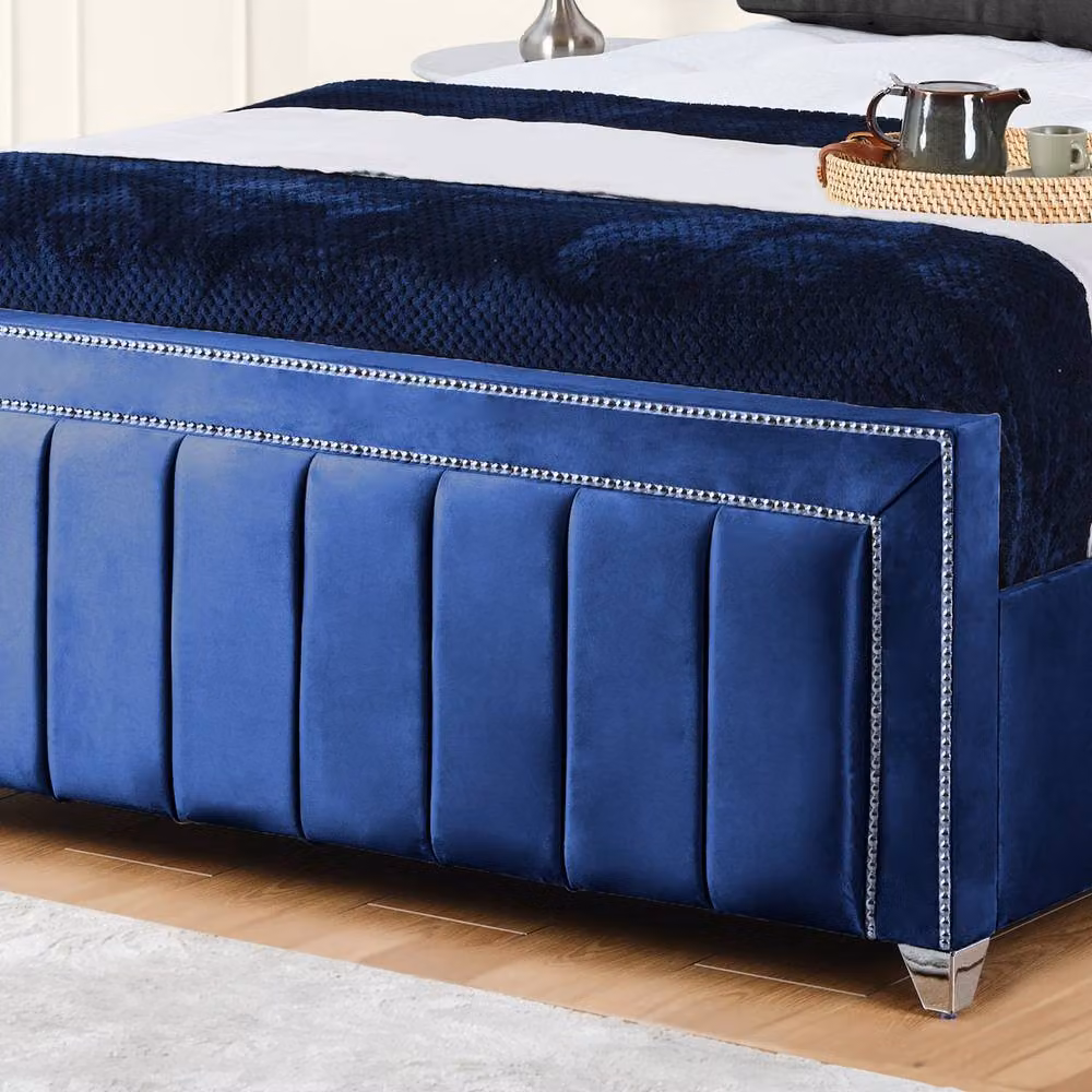 UK Bed Furniture Fiona Blue Velvet Upholstered Slatted Base Bed with 48 Inch Headboard, W/D/H: 90 x 200 cm – 3