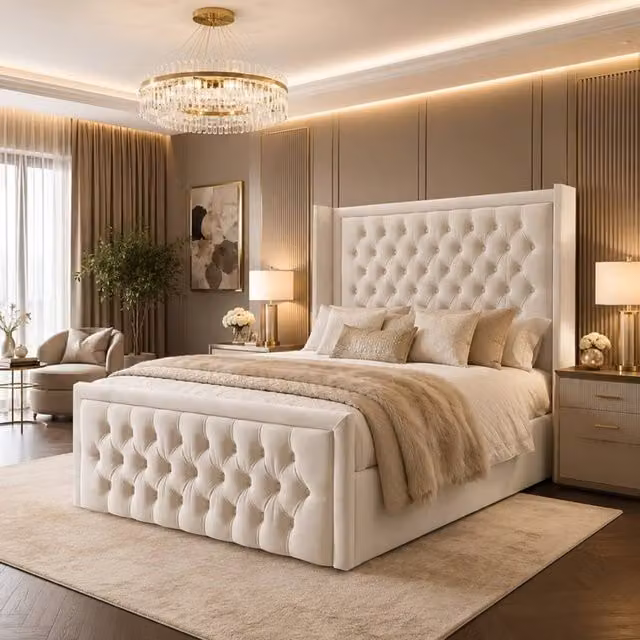 Desire Deco Sandra Plush Velvet Wingback Ottoman Storage Bed Frame in Beige, King Size (180 x 200 cm)