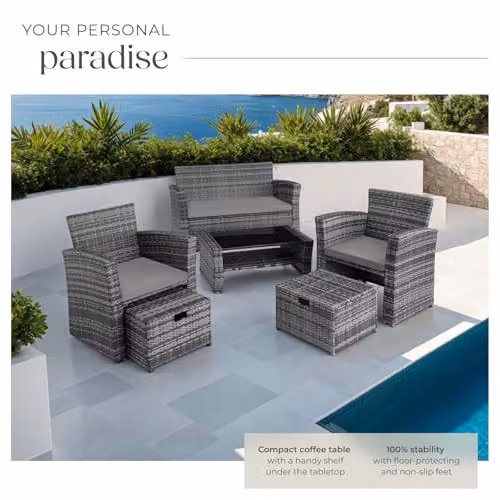 tectake Modern Rattan Garden Furniture Set in Grey with Metal and Glass Details for 7 Adults – 4