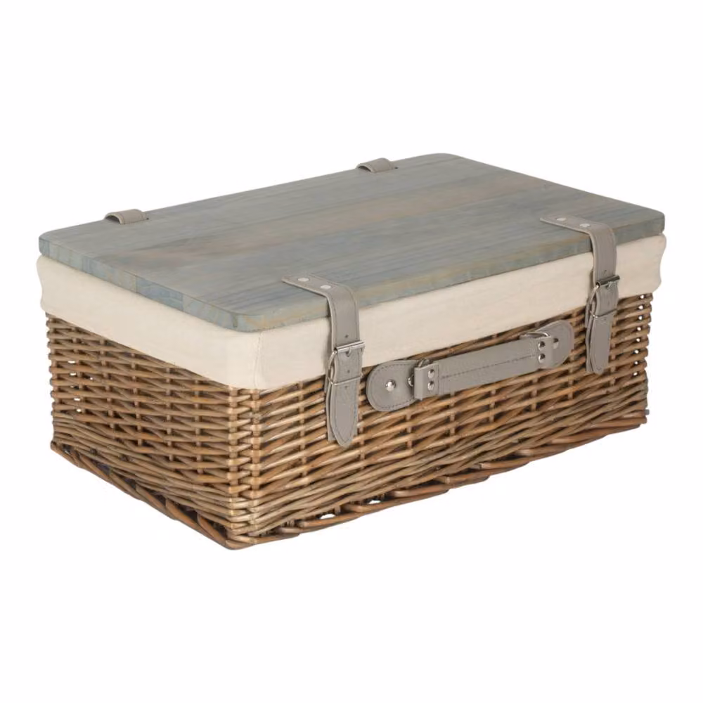 Red Hamper Antique Wash White Lined Willow Empty Picnic Basket with Pinewood Lid, W/D/H: 46.0 x 30.0 x 19.0 cm – 2