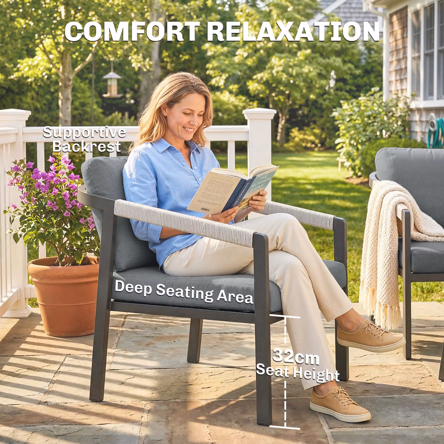 Outsunny 4 Seater Grey Aluminium Garden Furniture Set with Upholstered Cushions, 2 Seater Sofa, 2 Armchairs and Coffee Table – 6