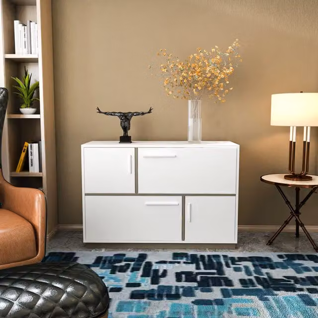 Decorotika Mares Modern Geometric Sideboard in White and Gold, W/D/H: 120 x 45 x 81.6 cm