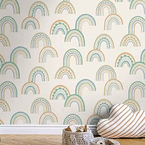 Holden Decor Boho Rainbow Wallpaper for Kids Nursery in Green, Petrol and Cream