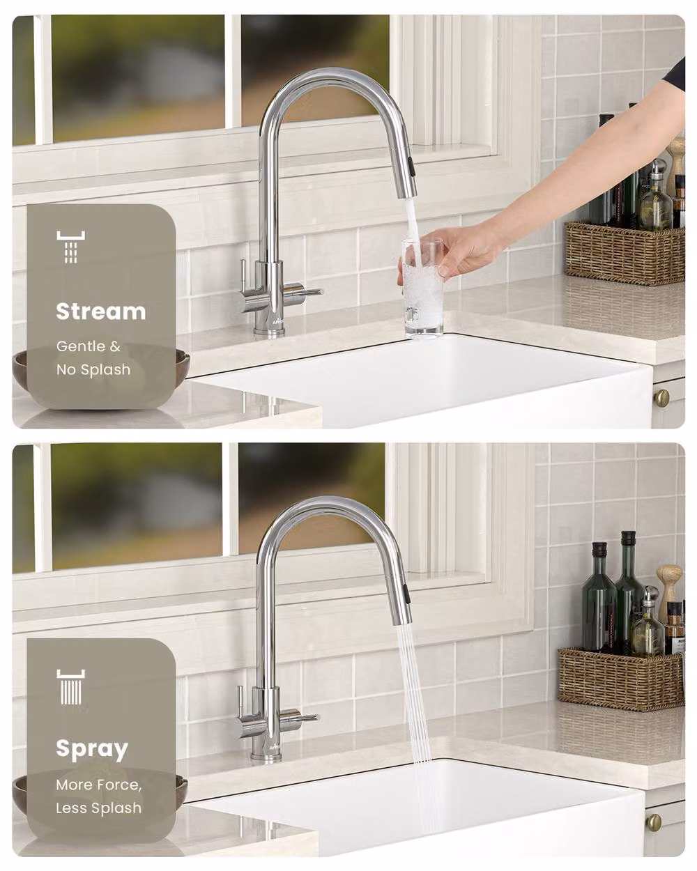 Appaso Dual Lever Kitchen Tap with 2-Mode Pull Out Sprayer in Silver Chrome – 2
