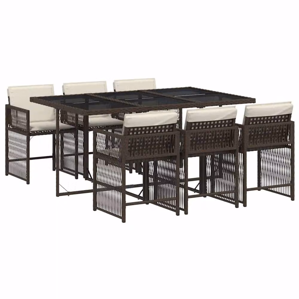 Berkfield Home 7 Piece Brown Poly Rattan Garden Dining Set with Glass Table and Cushions – 2