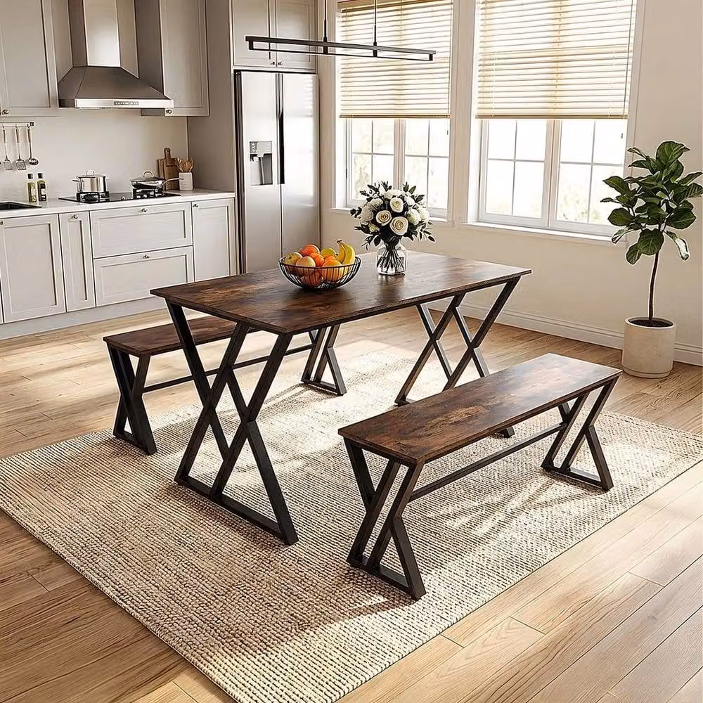 KORVIXA Industrial Square Dining Table and 2 Benches Set with Z-Shaped Metal Base, Brown – 4