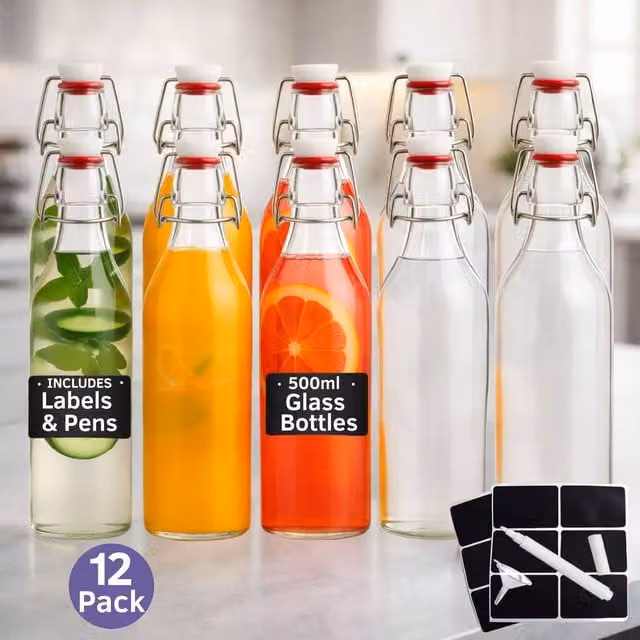 Volila 12 Pack Clear Glass Swing Top Bottles with Stoppers, 500ml each – 1
