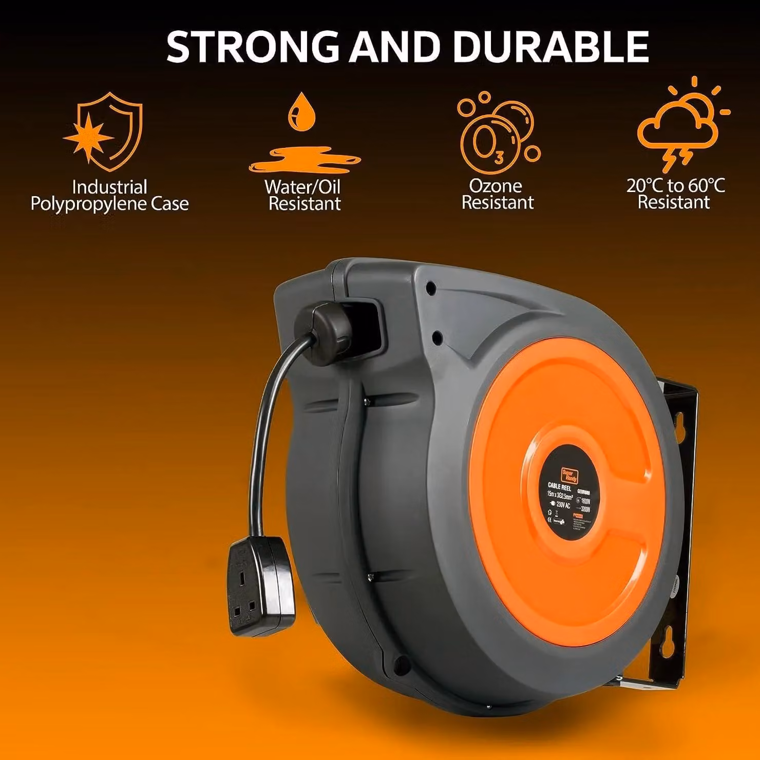 Superhandy Retractable Extension Cable Reel, 15m, 3G1.5mm2, Grey – 5