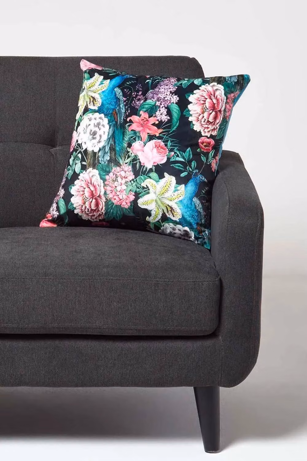 Homescapes Floral Peacock Reversible Velvet Cushion in Black, Petrol and Blue, 46 x 46 cm – 2