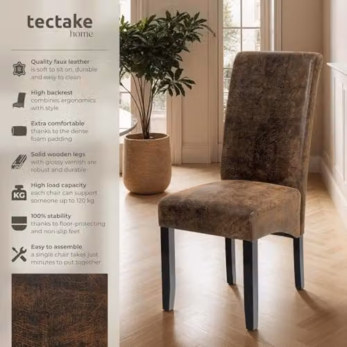 tectake Set of 6 Dining Chairs with Synthetic Leather and Wood Legs in Brown – 4