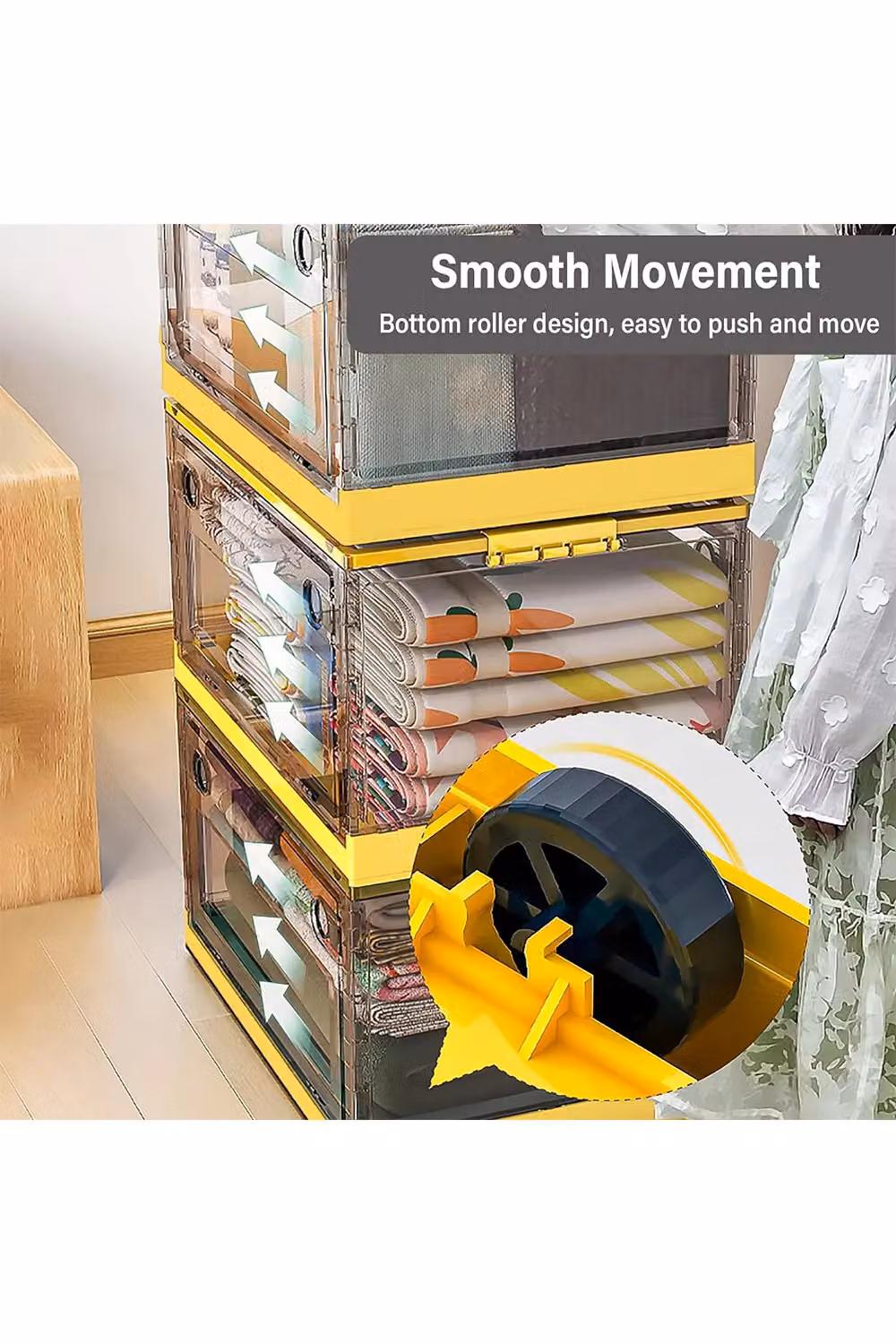 Living and Home 3-Piece Set of Large Collapsible Stackable Clear Plastic Storage Boxes with Wheels and Lids in Yellow – 3