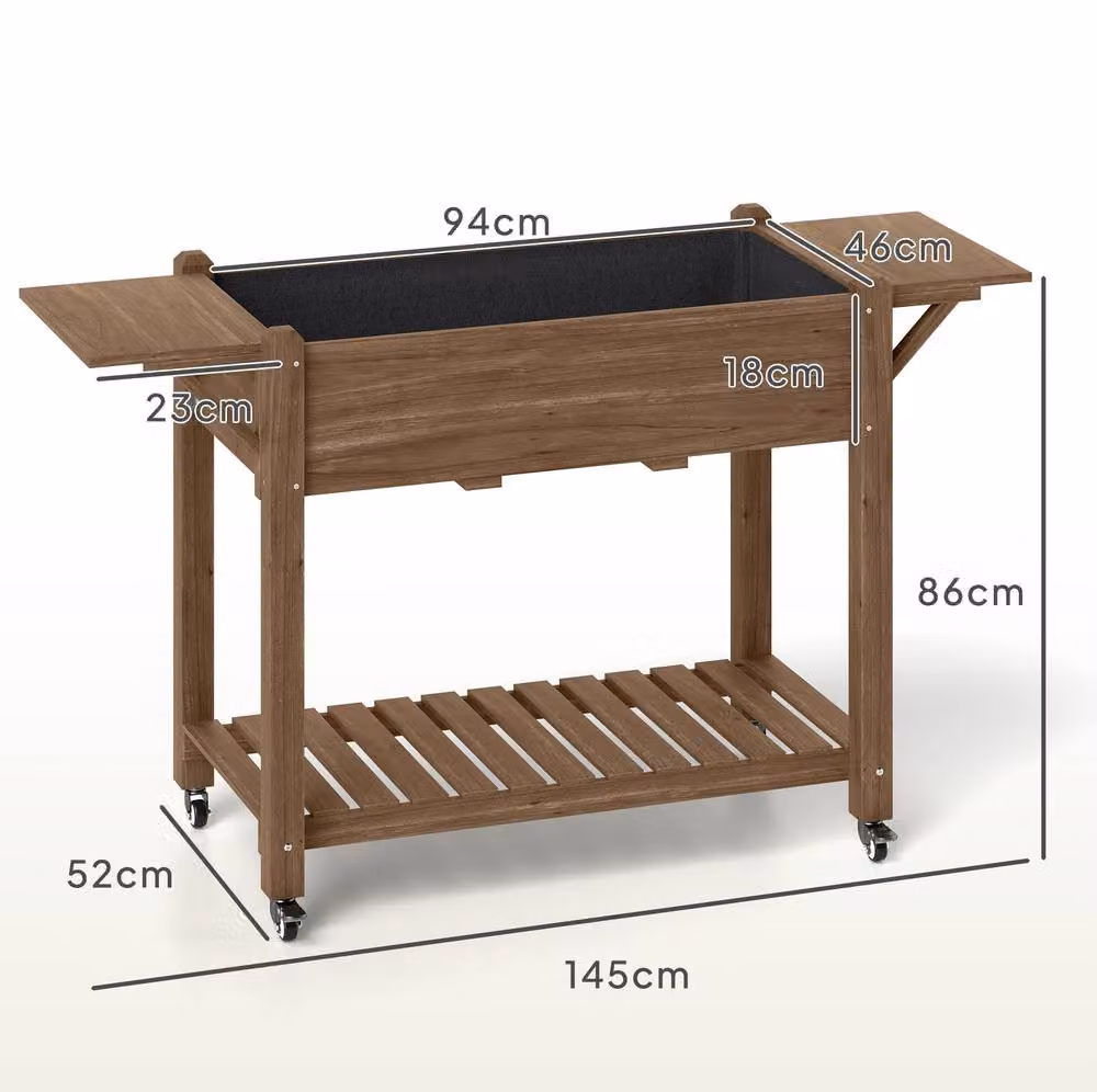 STILVORA Brown Lacquered Wooden Raised Planter with Shelves and Wheels, H 86 x W 52 x D 46 cm – 4