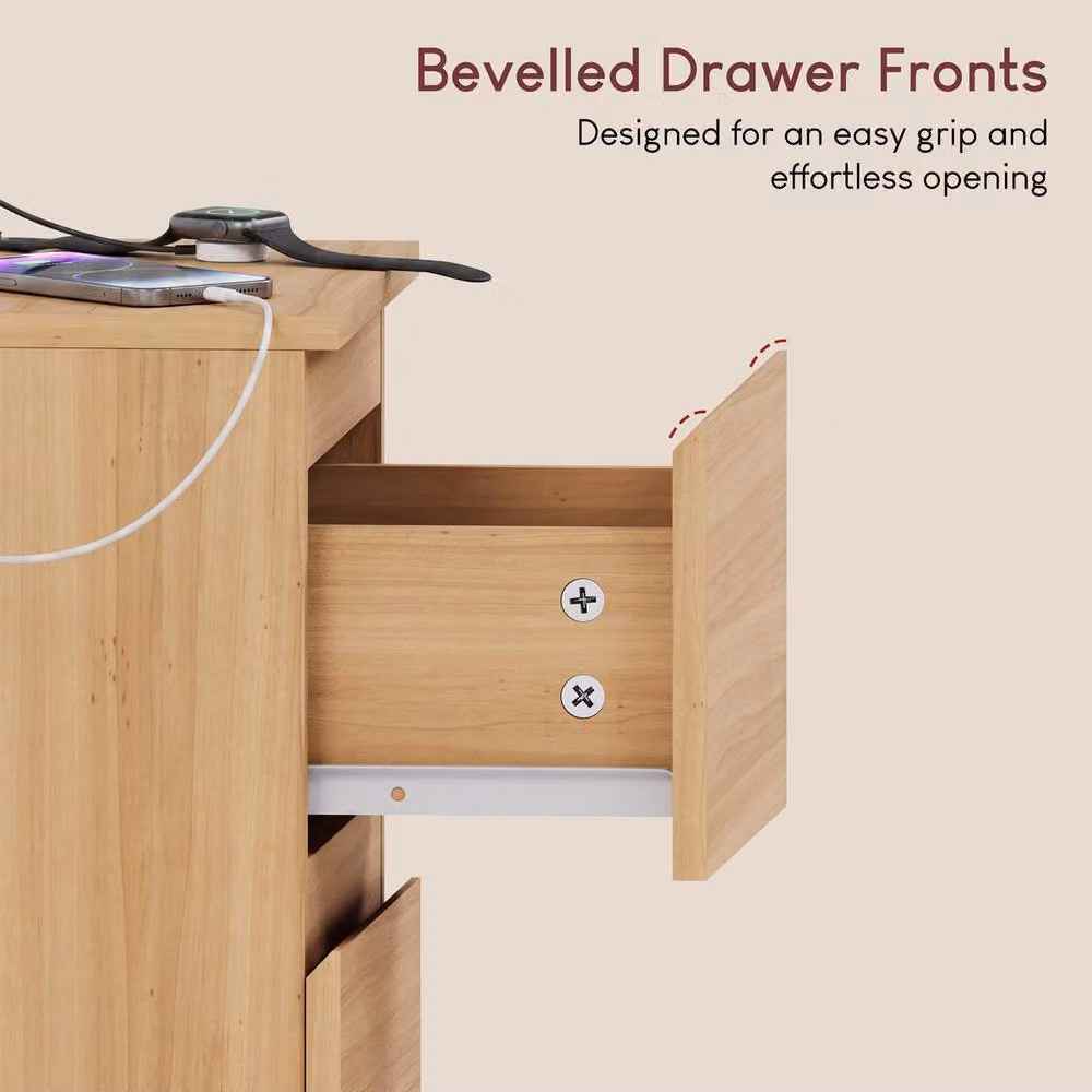 Vida Designs Denver 2 Drawer Large Bedside Chest with Power Outlet in Natural Sand – 3