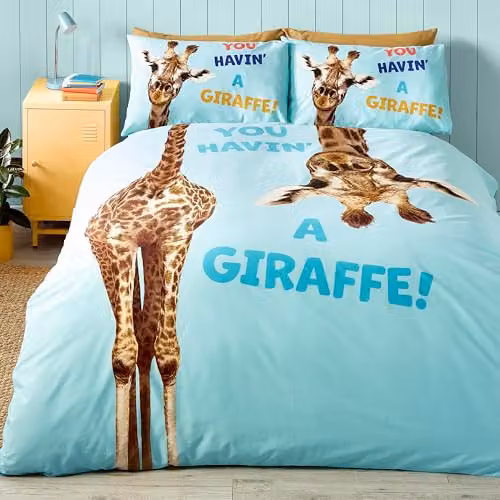 Catherine Lansfield Havin A Giraffe Reversible Kids Duvet Cover and Pillowcase Set, Aqua Blue, Duvet Cover: 180 x 200 cm, Pillowcases: 50 x 75 cm