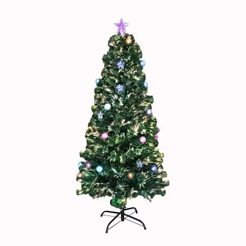 Shatchi 150 cm Green Fibre Optic Pre-Lit Christmas Tree with Multicolour Lights, Baubles and Star Topper