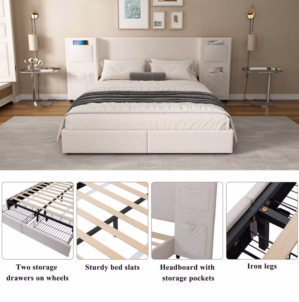 STILVORA Double Upholstered Bed with Storage Drawers in Beige, W/D/H: 140 x 200 x 87.5 cm – 4