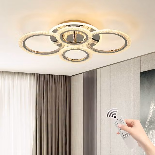NIVOR 58W Dimmable LED Ceiling Light, 4-Ring Acrylic Chandelier in Silver and Chrome Finish – 1