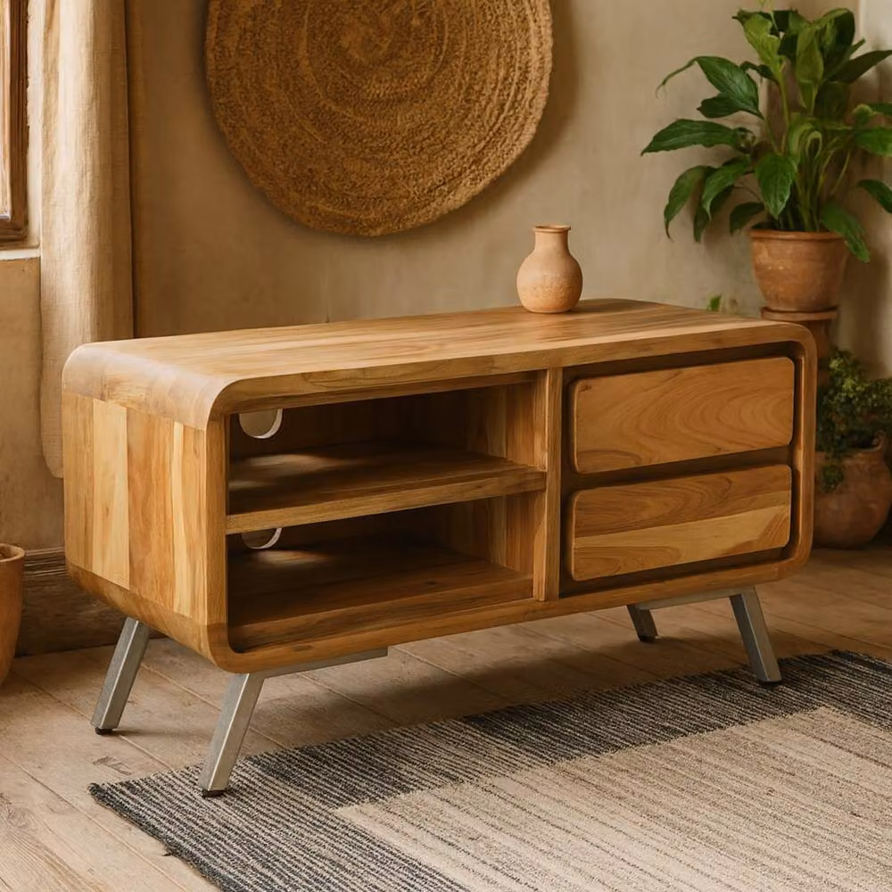 Wyld Haus Los Angeles Industrial Brown Reclaimed Wood and Metal TV Cabinet with 1 Open Shelf and 2 Drawers – 2