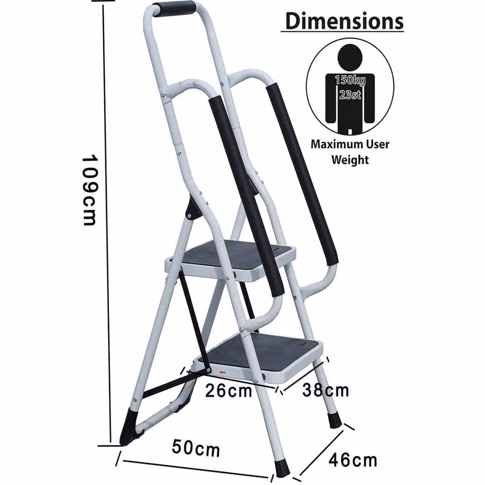 Havendro 2-Step Folding Steel Step Ladder with Non-Slip Rubber Feet in White – 2