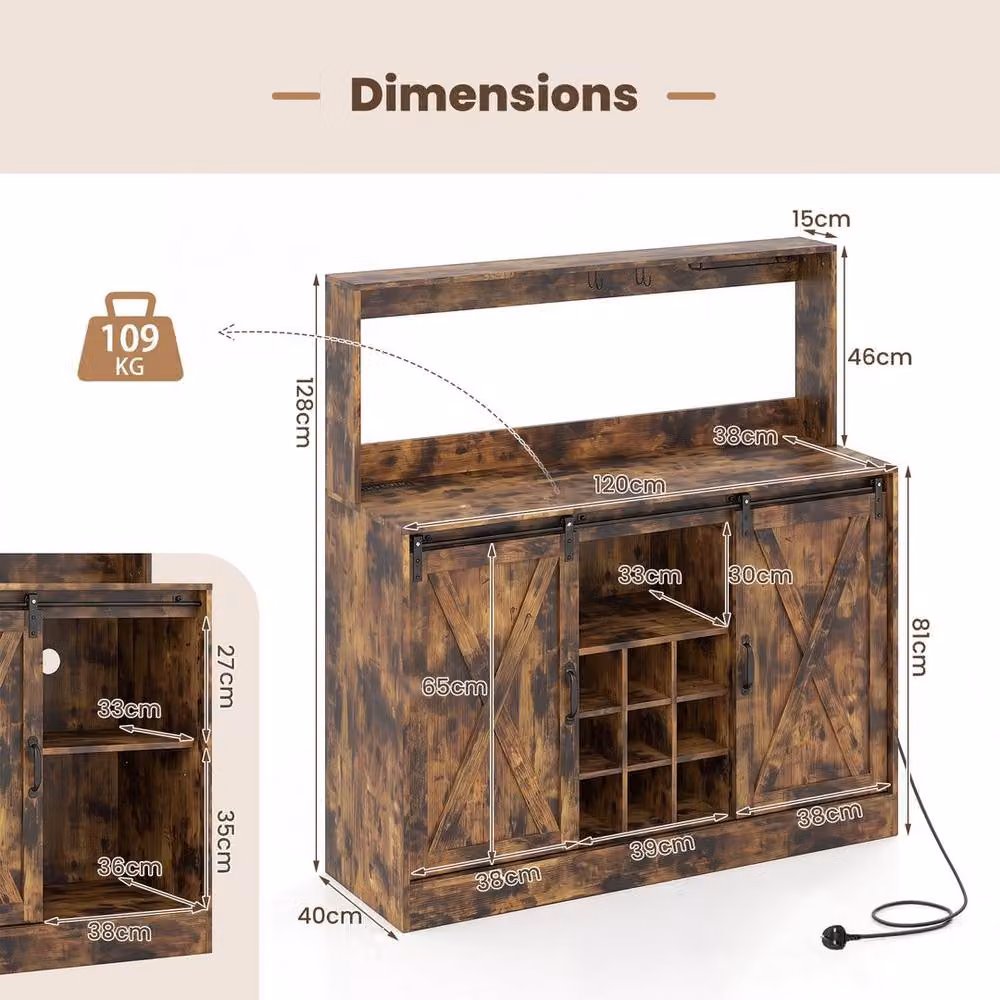 KORVIXA Brown Rustic Coffee Bar Cabinet with Charging Station and Sliding Glass Doors, W/D/H: 100 x 100 x 100 cm – 2