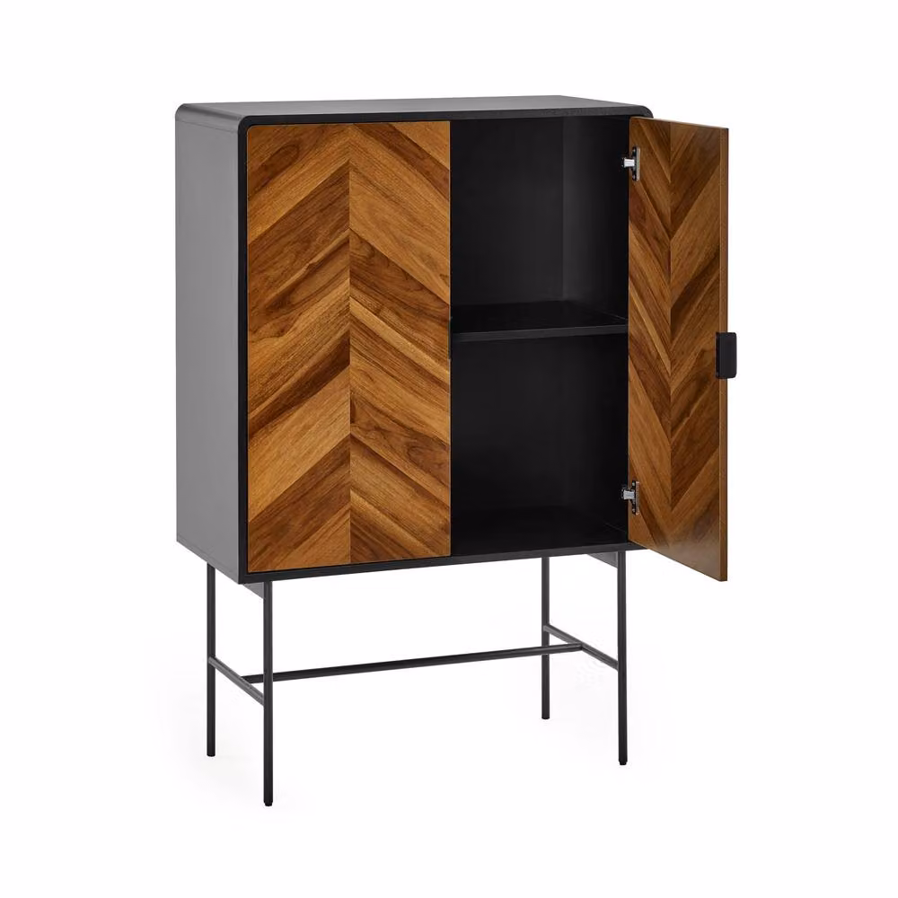 Cheshire Premium Aldwick 2 Door Mid Century Storage Cabinet in Black and Natural Brown Wood, W/D/H: 122.0 x 80.0 x 40.0 cm – 2