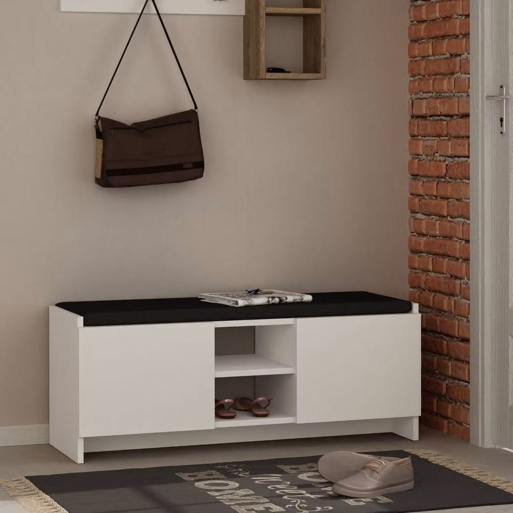 CALICOSY Zulla Shoe Bench with 2 Doors and 2 Niches in White – 2