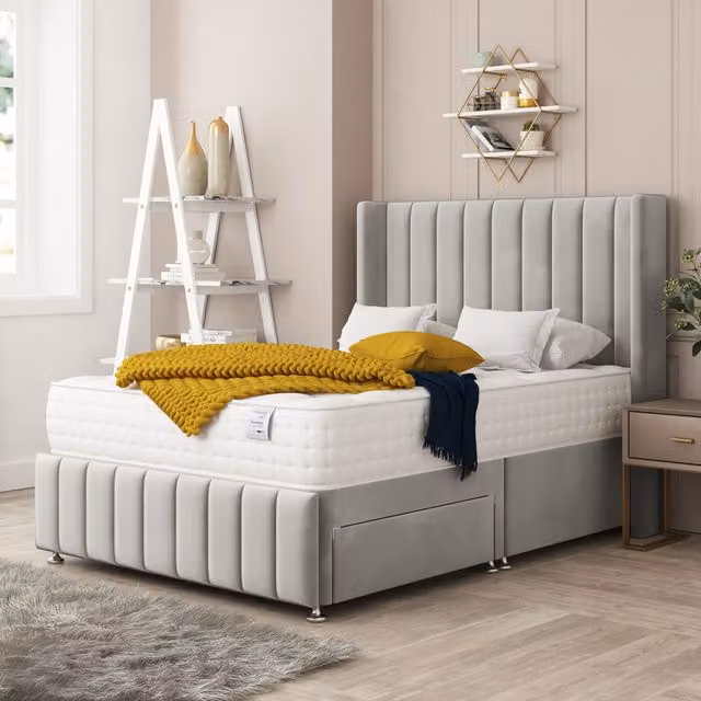 Bed Choices Brisbane Upholstered Divan Bed with 2 Drawers, Mattress and 54 inch Headboard in Silver, W/D/H: 200 x 200 cm
