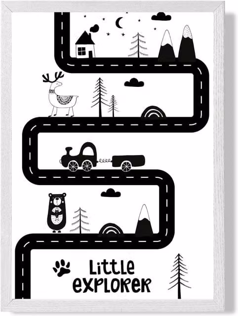 ARTZE Cute Little Explorer Map Scandi Framed Print, Black and White, A4 – 1