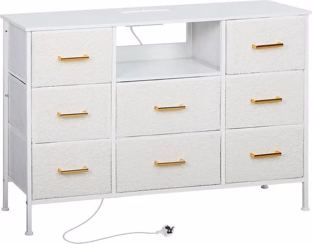 KORVIXA 8 Drawer Boucle Fabric Dresser with 2 USB and 2 AC Ports in White W/D/H: 100 x 100 x 100 cm – 1