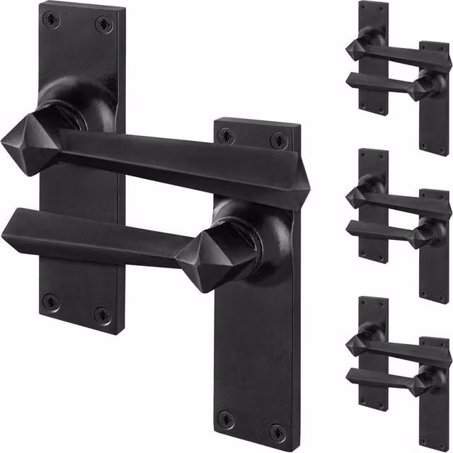 AFIT Black Antique Cast Iron Door Handles with Backplate Latch, 4 Pairs, Matt Black
