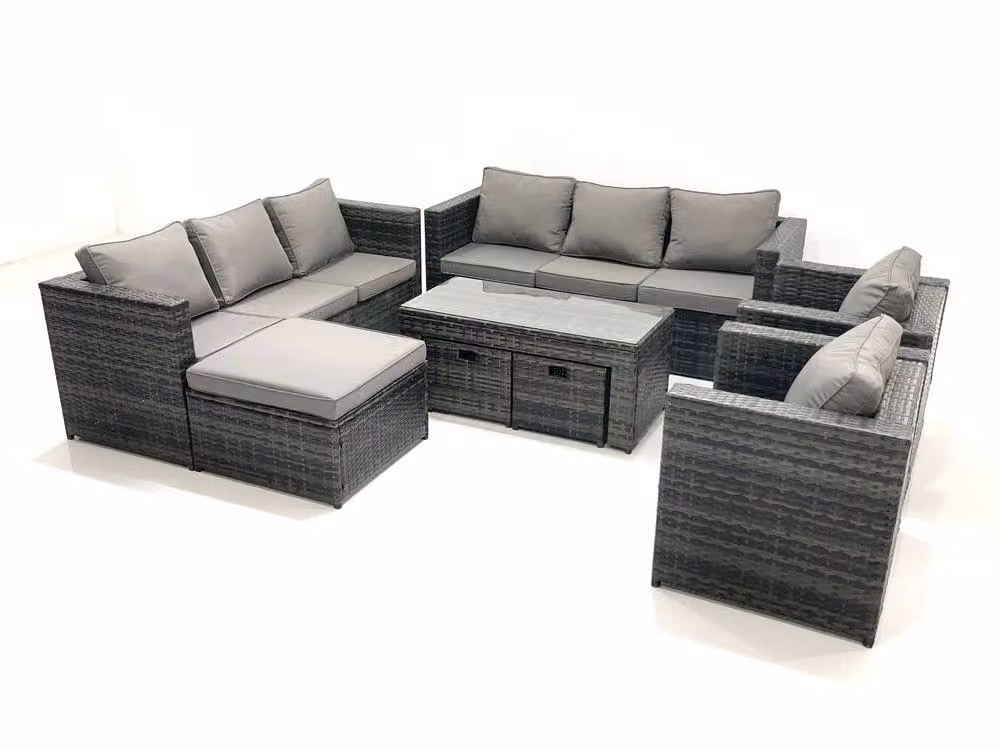 Fimous Rattan Garden Furniture Set in Dark Grey with Coffee Table, Armchair, and 3 Footstools – 2