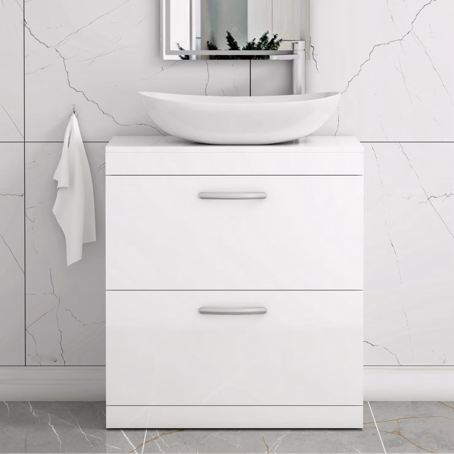 Cesar Turin 600mm Gloss White Floor Standing 2 Drawer Vanity Unit with Countertop Basin