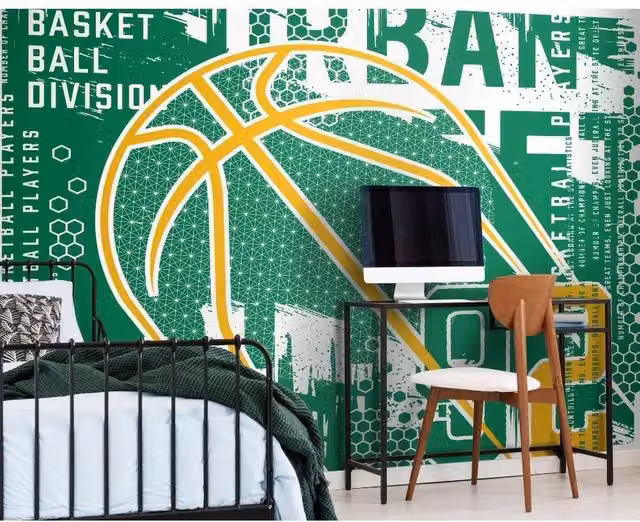 Origin Murals Modern Basketball Geometric Wall Mural in Green, W: 350 cm, H: 280 cm