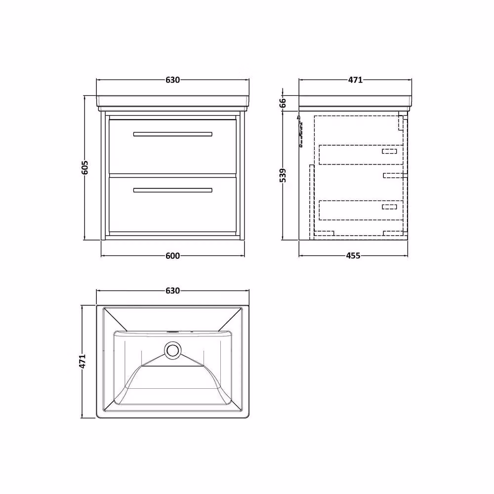 Balterley Wall Hung 2 Drawer Bathroom Vanity Unit with Basin, Graphite Grey, W/D/H: 63 x 47.1 x 60.5 cm – 4