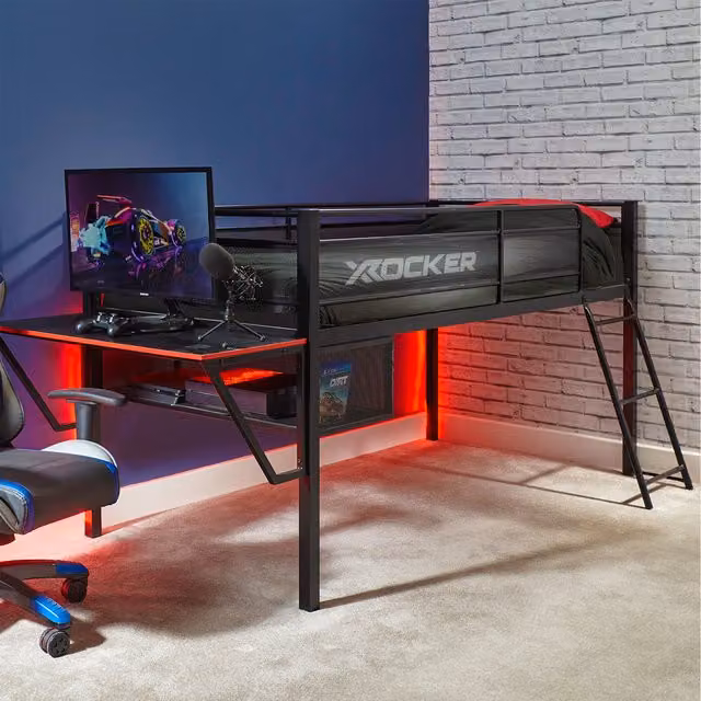 X Rocker Sanctum Single Mid Sleeper Bed and Desk with Under-Bed Lighting in Black