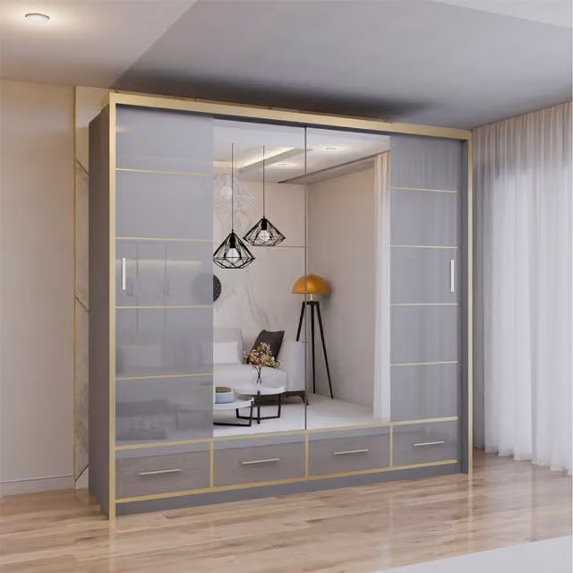 Sliding Wardrobes 4 u High Gloss Modern 3 Door Sliding Wardrobe with LED Lighting, Mirror and Internal Drawers in Grey, H 220 cm x W 203 cm x D 66 cm
