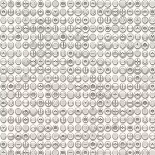Galerie Grunge Geometric Bolts and Screwheads Industrial Abstract Wallpaper in Silver and White – 1