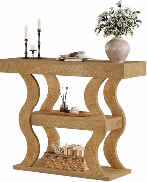 VOGREX 3-Tier Narrow Wood Console Table in Beige – 1