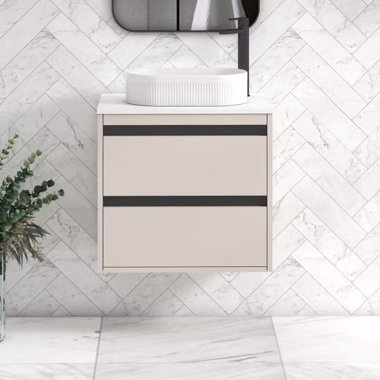 Royal Bathrooms Orion 2 Drawer Wall Hung Vanity Unit in Warm Taupe with Plain White Stone Countertop Basin and Black Accent Trim