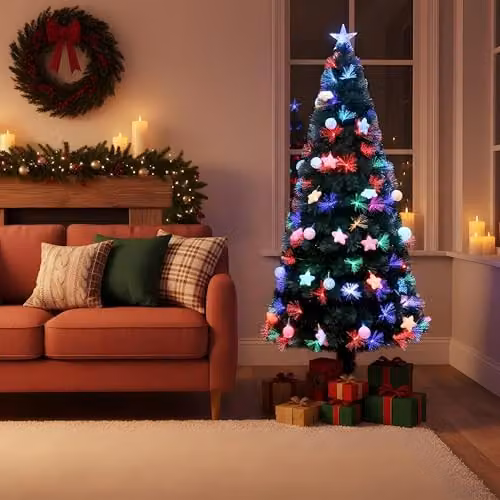 Shatchi 120 cm Green Fibre Optic Christmas Tree with Multicolour LED Lights and Pastel Star and Bauble Decorations – 4