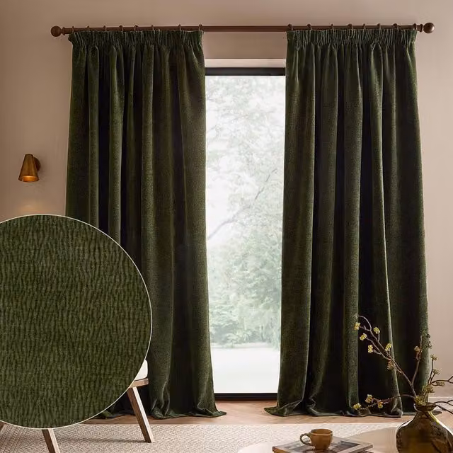 Yard Heath Washed Velvet Pencil Pleat Curtain Pair in Green, Width: 168 cm, Drop: 229 cm