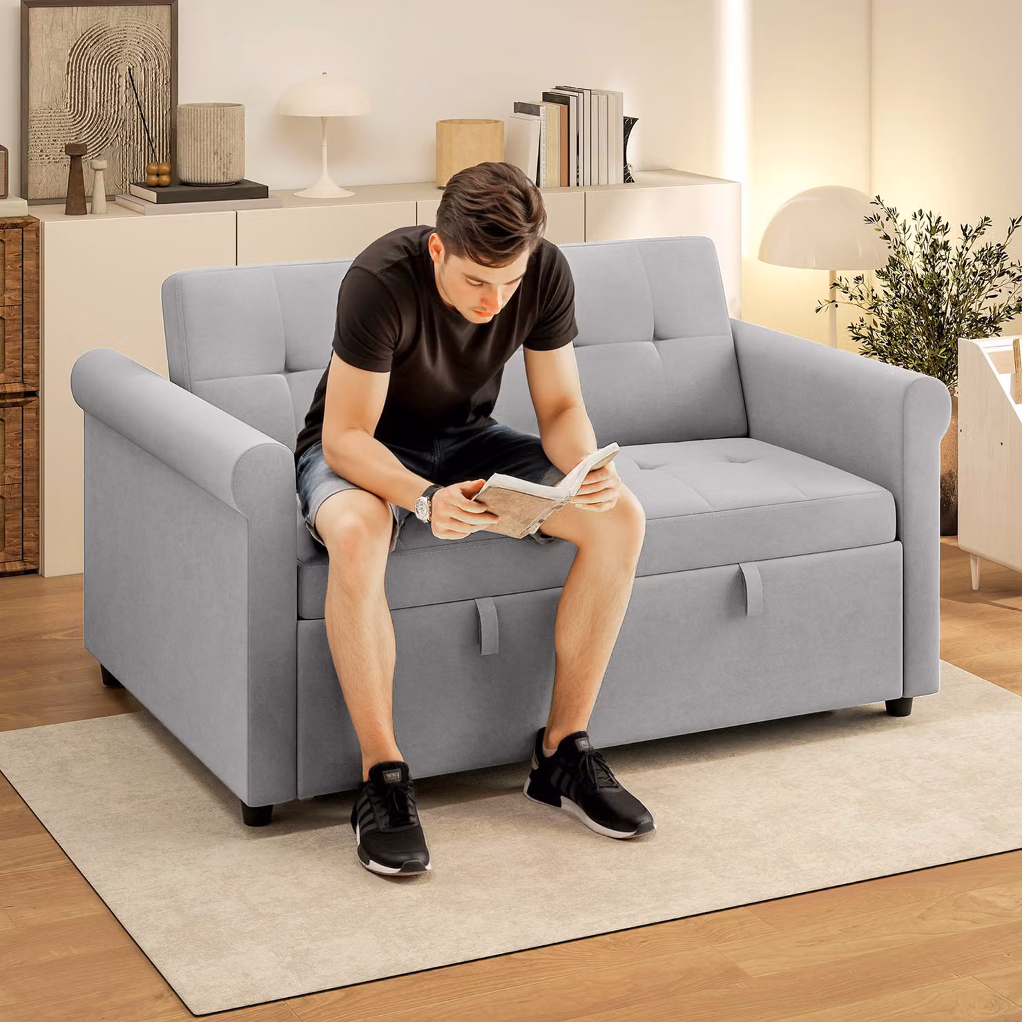 HOMCOM Modern Grey Fabric Two-Seater Click-Clack Sofa Bed – 2
