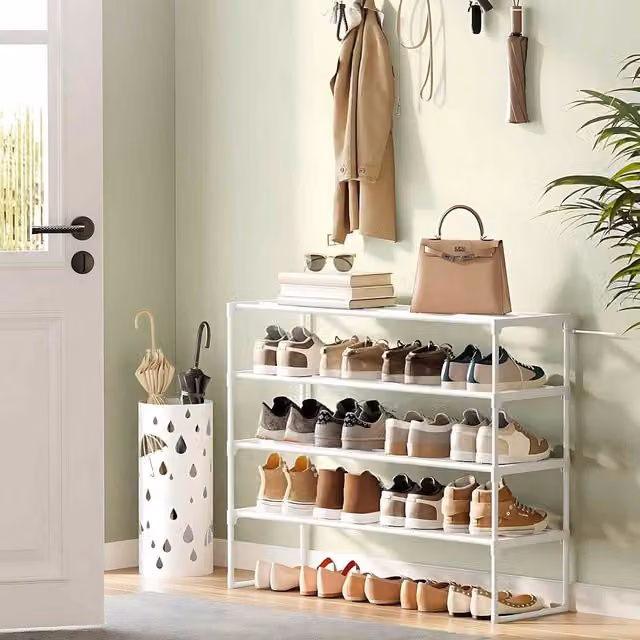 The Bazaarist 4 Tier Wide Stackable Metal Shoe Rack in Pearl White