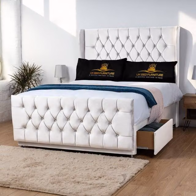 UK Bed Furniture Balamore White Fabric Wingback Divan Double Bed with 54 Inch Headboard and 2 Drawers, W/D/H: 140 x 200 cm