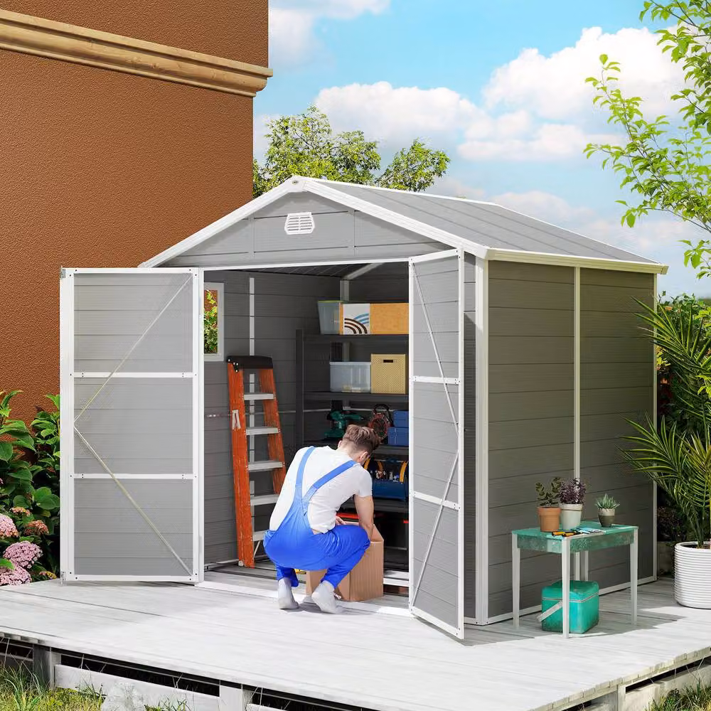 Rolipo Plastic Garden Shed with Foundation Kit and Window, Light Grey – 2
