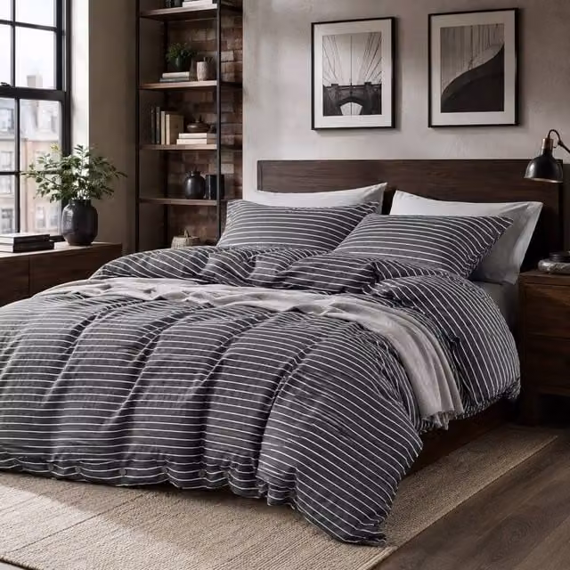 Grace Pinstripe Reversible Microfibre Duvet Cover and Pillowcase Set in Charcoal Grey, W: 180 cm, L: 200 cm